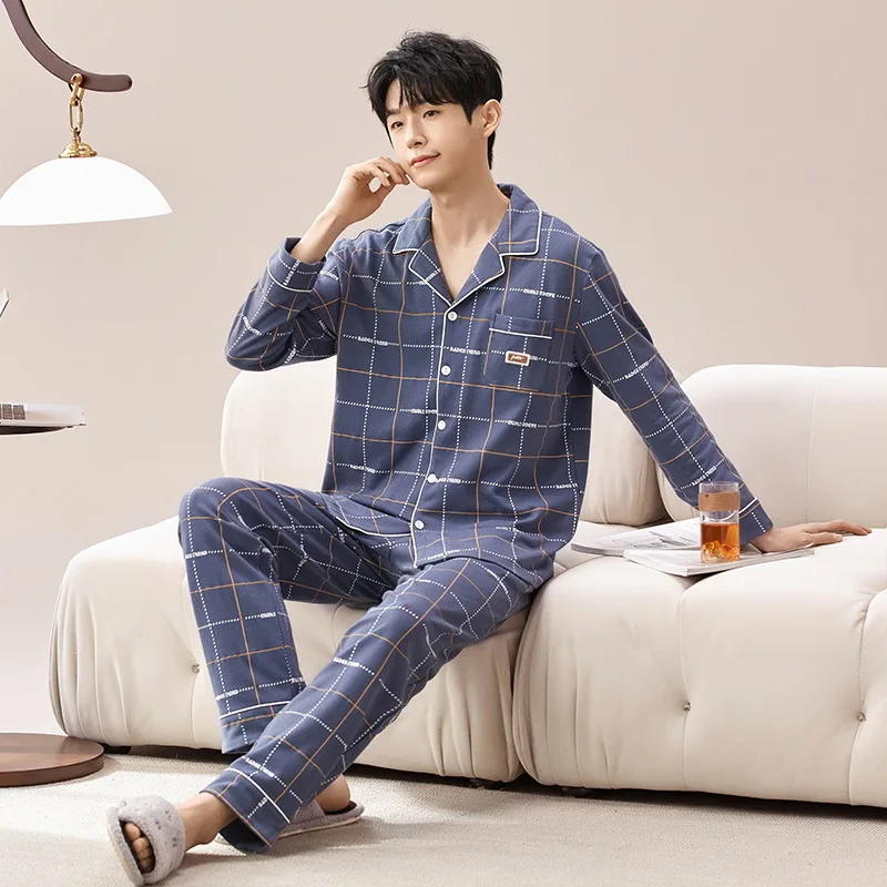 Large Size Pure Cotton Pajama Men Spring Casual Button Down Pocket Long Sleeve Shirt with Pant Plaid Sleepwear Loose Loungewear