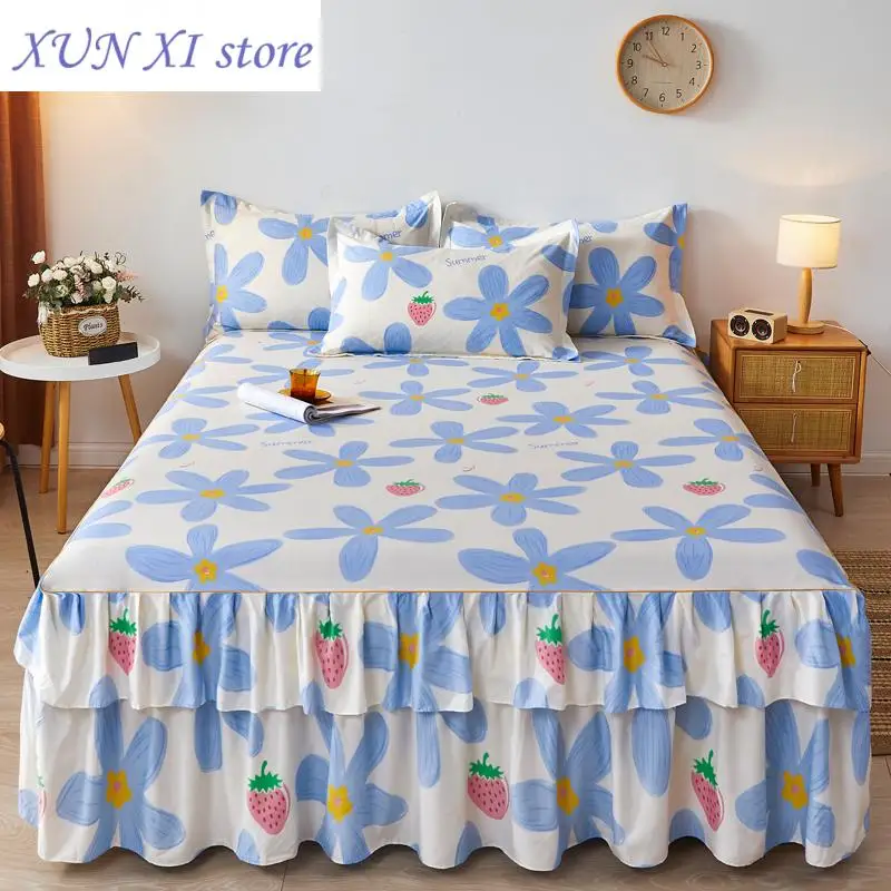 New Double Lace Bed Skirt queen Plant Printed Bed Cover Single/Queen/King Size Bed Sheet Skirt(Pillowcase need order)