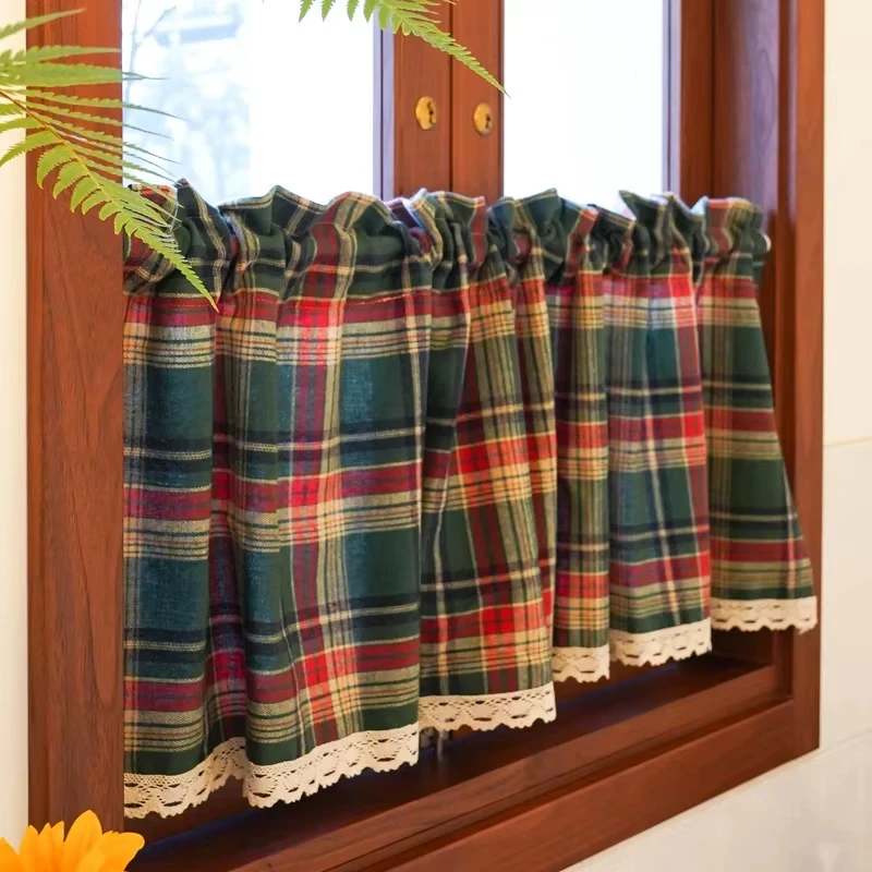 Rod Pocket American Plaid Half Curtain Retro Red/Green Plaid Short Curtain Kitchen Balcony