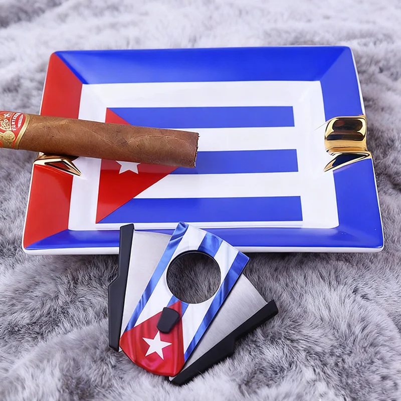 السيراميك السيجار الرماد صينية مع السيجار القاطع منفضة سجائر كوبا العلم الإبداعية منفضة سجائر محمولة الفاخرة علبة الرماد التذكارية #1