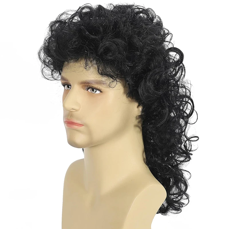 شعر مستعار مجعد البوري للرجال 70s 80s أسود طويل مجعد الباروكات الهبي هزاز حفلة تأثيري حلي أنيمي مقاومة للحرارة الاصطناعية هاي