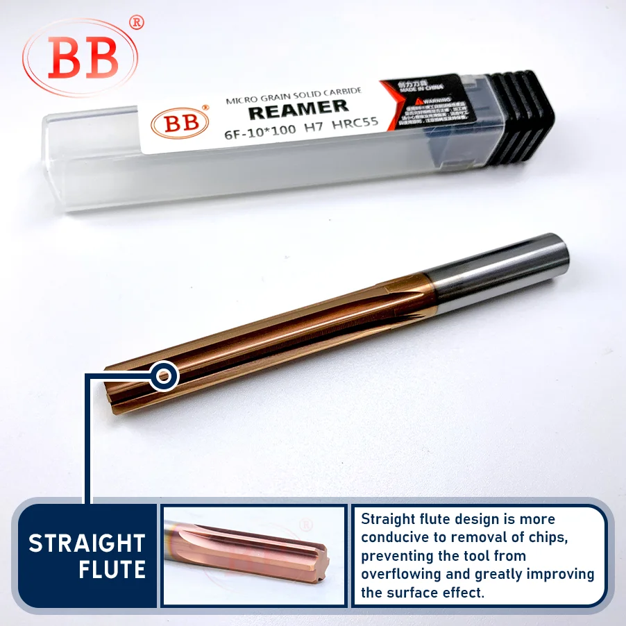 BB Carbide Machine Reamer Coated Straight Flute H7 Tolerance Chucking Hardened Steel Metal Cutter 6 Flutes CNC 6~20mm