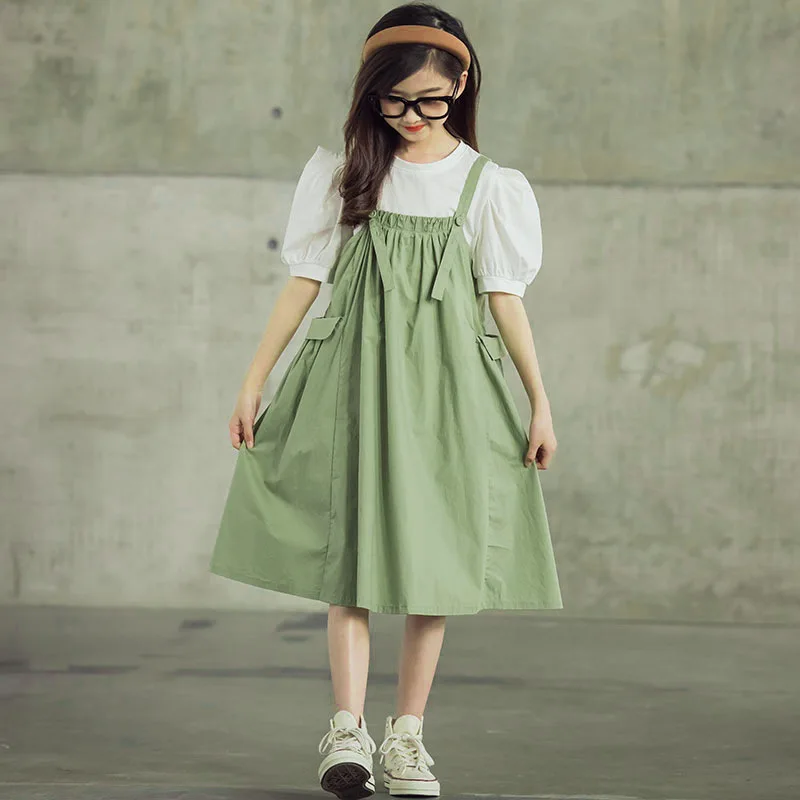 

5 To 18 Years Sleeveless Teenage Girls Dresses Summer Clothes 2024 Green Costume Kids Dress Girl Sundress Over Knee With Pockets