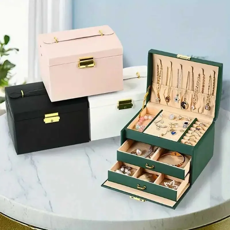 Three Drawer PU Leather Jewelry Box With Security Key Lock, Handheld Earring Ring Necklace Storage Display Case view 2
