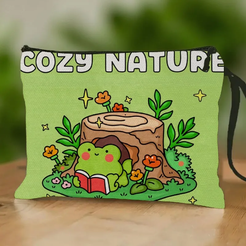 Cozy Natural Zipper Pouch Showcasing Design of Frog on Tree Stump Surrounded by Flowers Perfect for Women Summer Bag