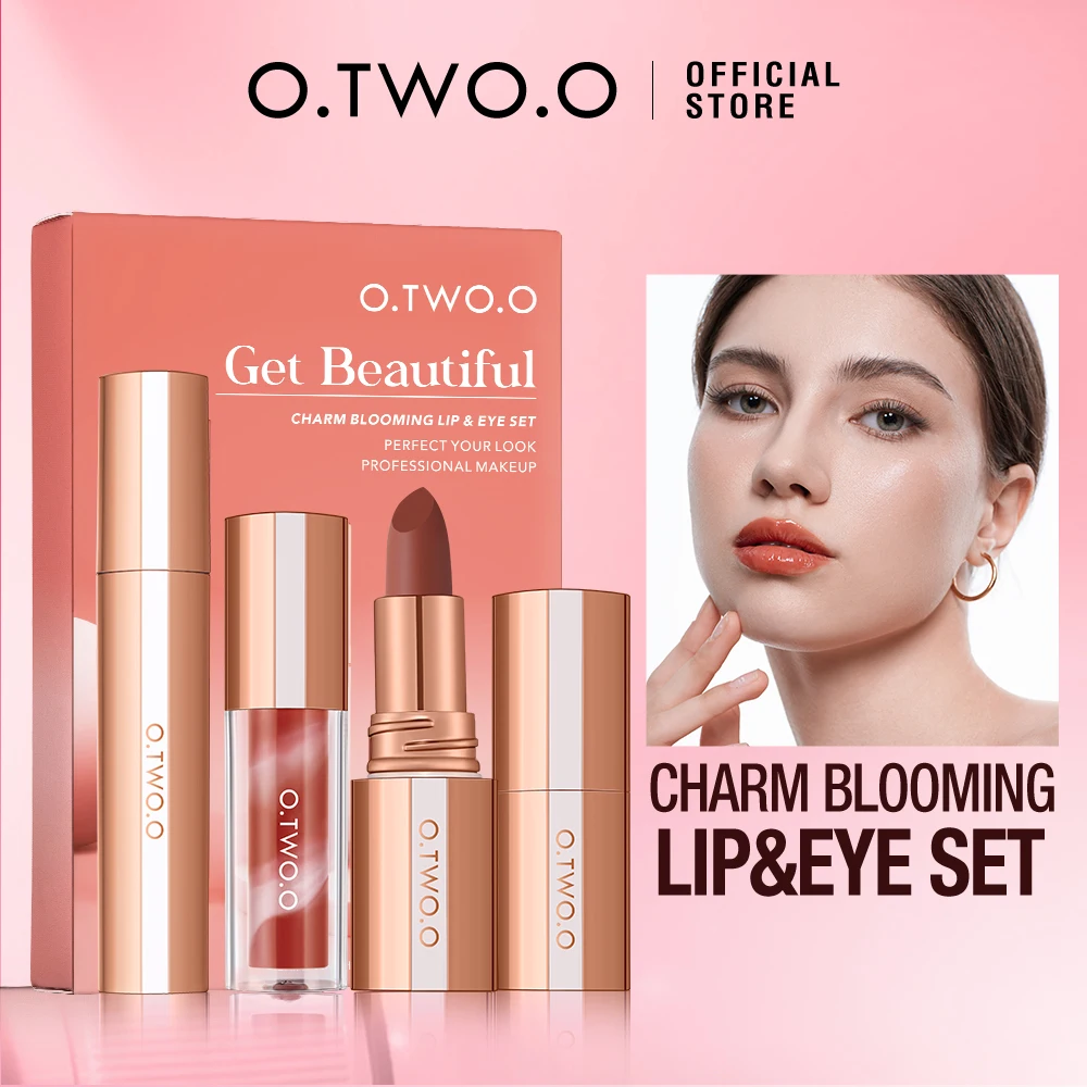 O.TWO.O Eye Lip Makeup Set 3pcs Cosmetics Kit Intense volume Waterproof Mascara Watery Lip Glos Matte Lipstick Makeup for Women