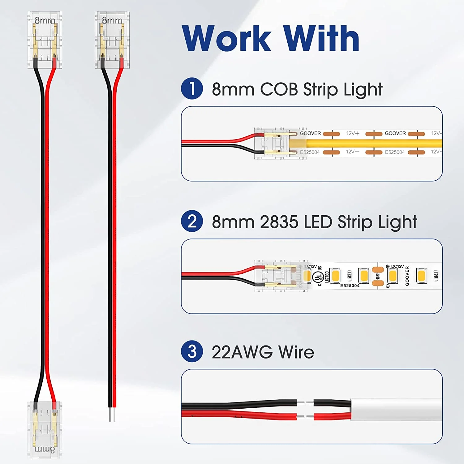 5-24v 2pin COB Connector 8mm LED Strip Terminal Extension Wire LED Connectors Fixed Clips For Pin No Dark Area Single Dual End