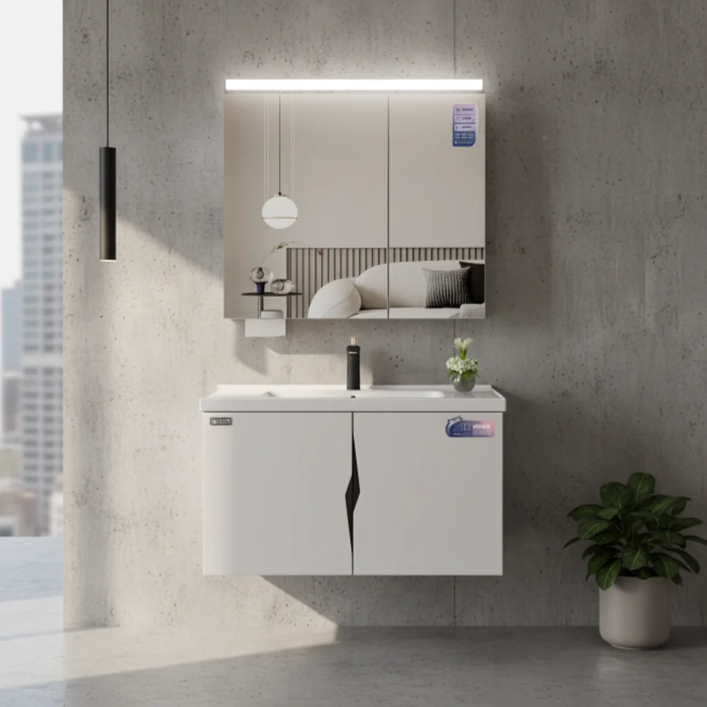 Wall-mounted Double-door Mirror Vanity Combo With Ceramic Basin Co-extrusion Board Bathroom Vanity Set Bathroom Vanities