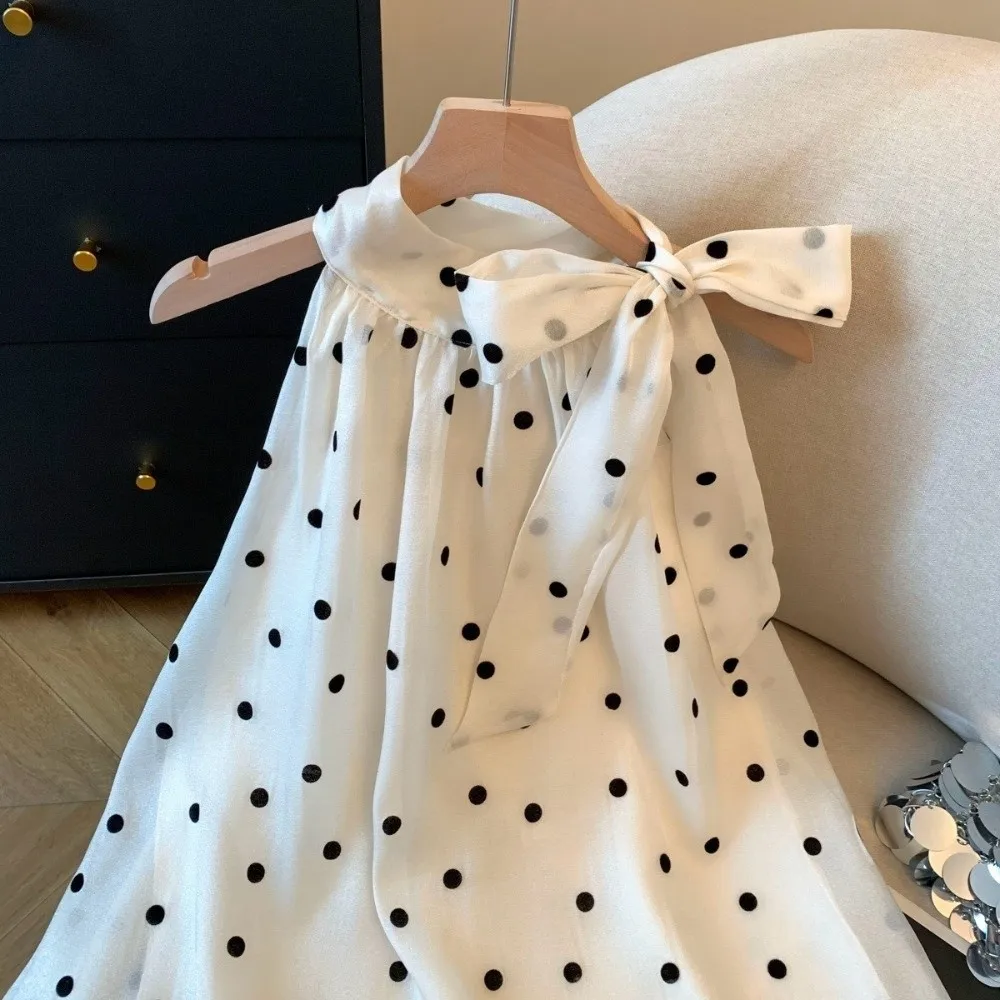Sweet Bow Polka Dot Shirt Gentle Y2k Women's Puff Shirt Retro French Style Chiffon Shirt Lady