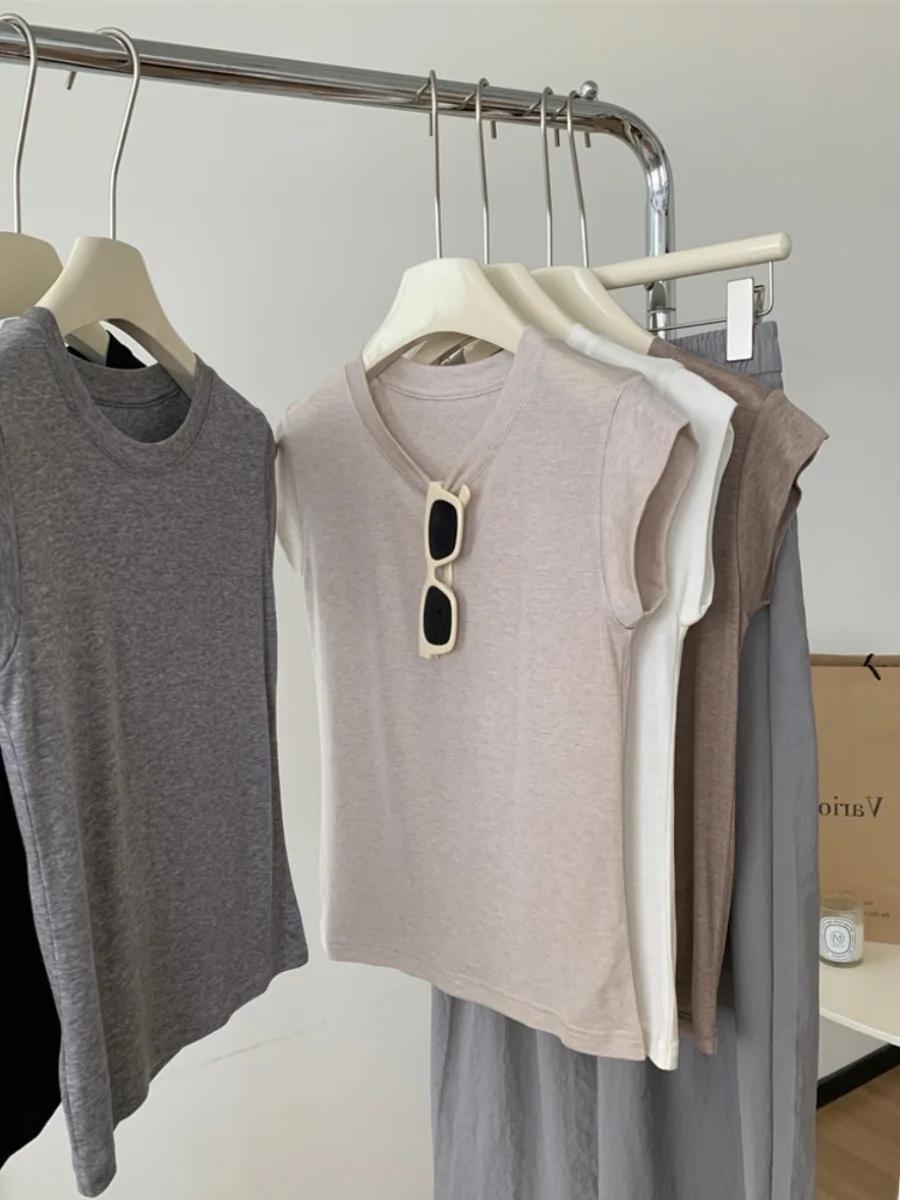 Summer Short Sleeve round Neck T-Shirt Women's Lyocell Silk Ice Silk No Sleeve Short Knitted Top Trendy Shoulder Width Regula...