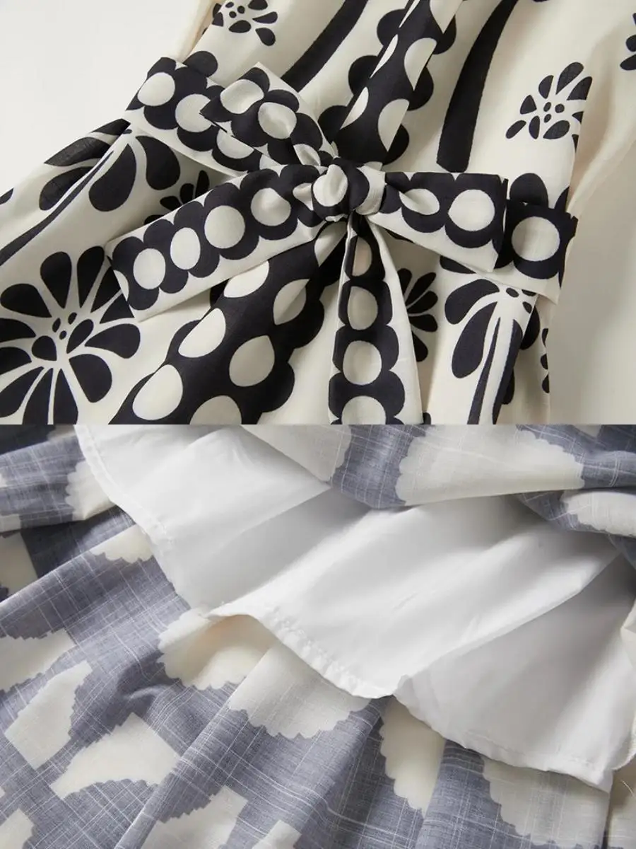 เสื้อผ้าผู้หญิงพัฟแขนเสื้อลูกไม้ขึ้นเข็มขัดจีบชุดฤดูร้อนคลาสสิกสีดําสีขาว Contrast Dot พิมพ์ผ้าฝ้ายผ้าลินินเสื้อผ้าชายหาด