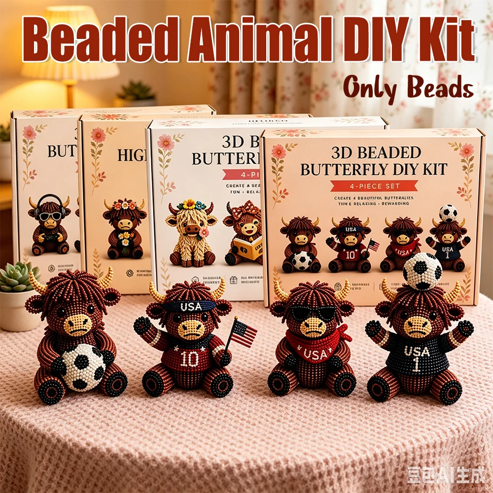 3D DIY Beaded Animal DIY Kit 4PCS Cute Highland Cow Handmade Bead Art Kit Beading Art Set Gift for Beginners & Craft Enthusiasts