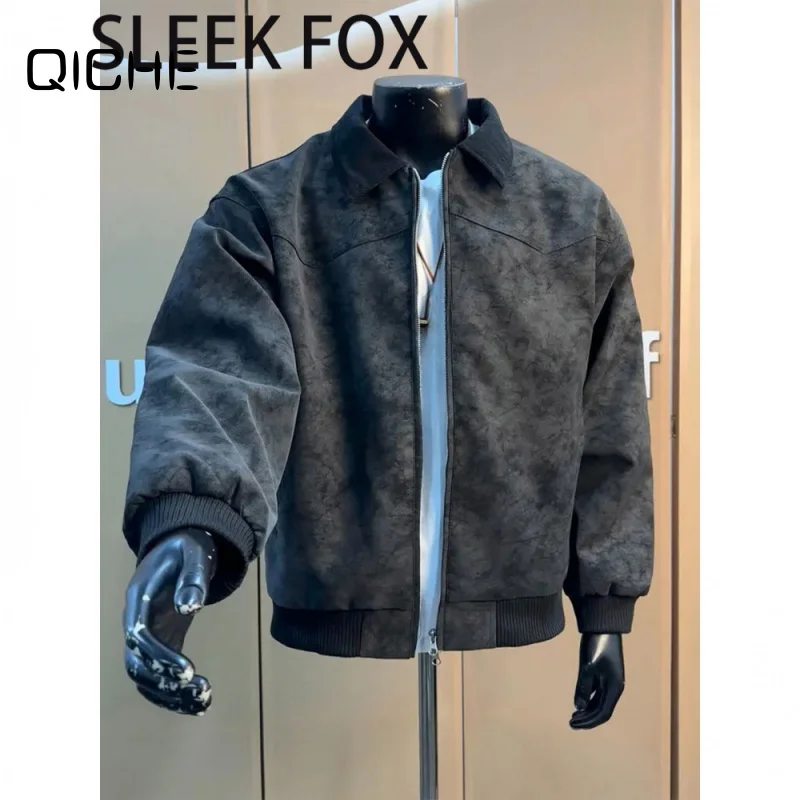 QICHE Men Jacket 2026 New Faux Leather Outerwear, Men Vintage Lapel Workwear Loose Motorcycle PU Coat, Men Clothing