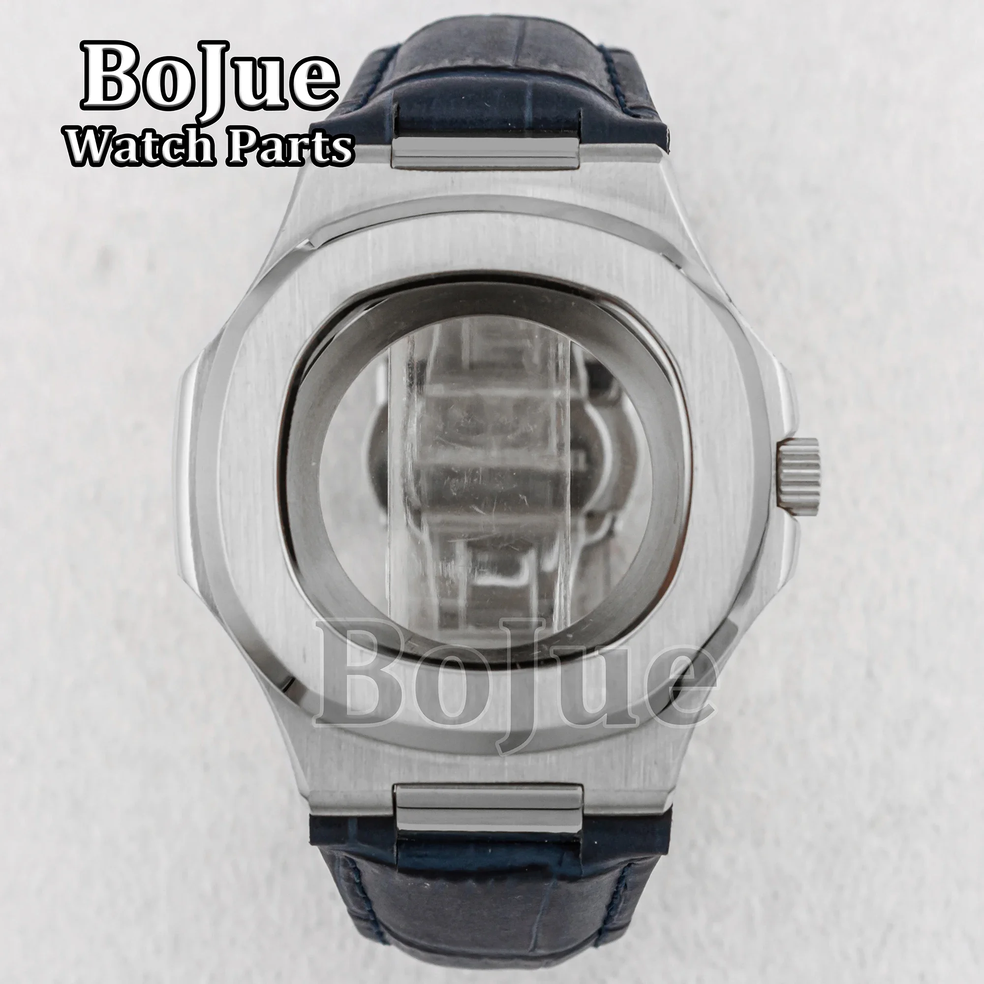 

for Nautilus Watch Case Sapphire Glass NH35 NH36 NH38 Movement Transparent Back Genuine Leather Strap Watch Repair Parts 41mm