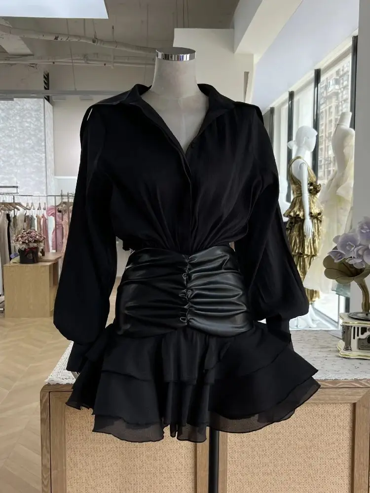

Trendy Street Style Luxury Two Piece Patchwork Pleated Waistband Ruffled Shirt Dress Chic Birthday Party Women's Fashion Outfit