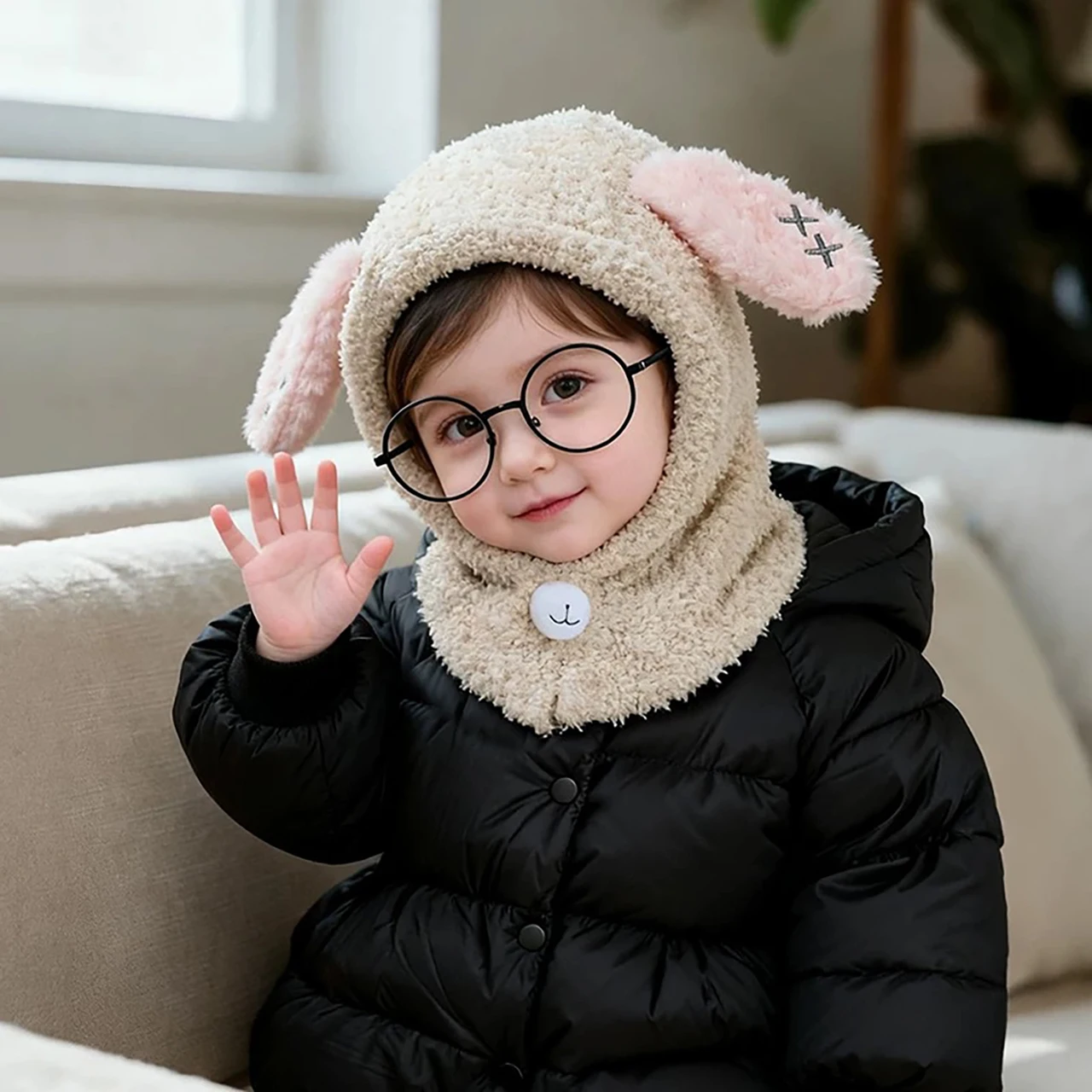 Cartoon Children Balaclava Headgear Winter Warm Kids Hooded Beanies 1-6Year Baby Ear Protection Cap Plush Scarf One-Piece Hat view 3