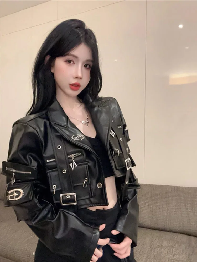 Punk Jacket Niche Original Metal Decoration Motorcycle PU Leather Jacket Short Coat Unisex Autumn 2025 Streetwear