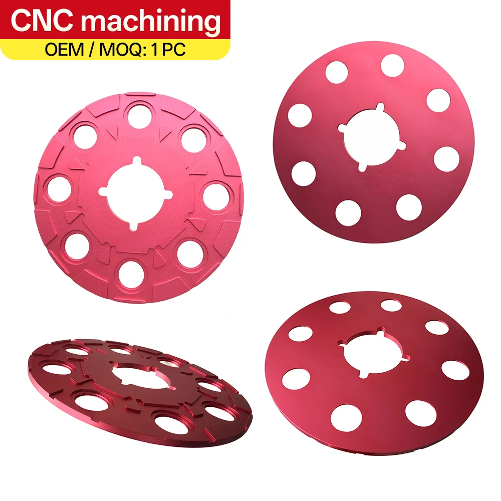 Custom CNC-cut aluminum metal flange with anodized red finish Industrial-grade high-precision circular metal disc
