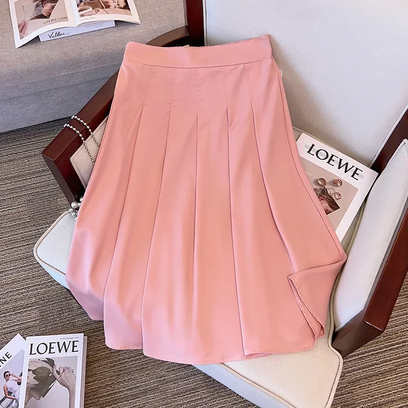 

2024 Oversized Women's Summer Loose A-Line Pleated Skirt 5XL 6XL 7XL Solid Casual High Waist Vintage Skirt Pink Apricot