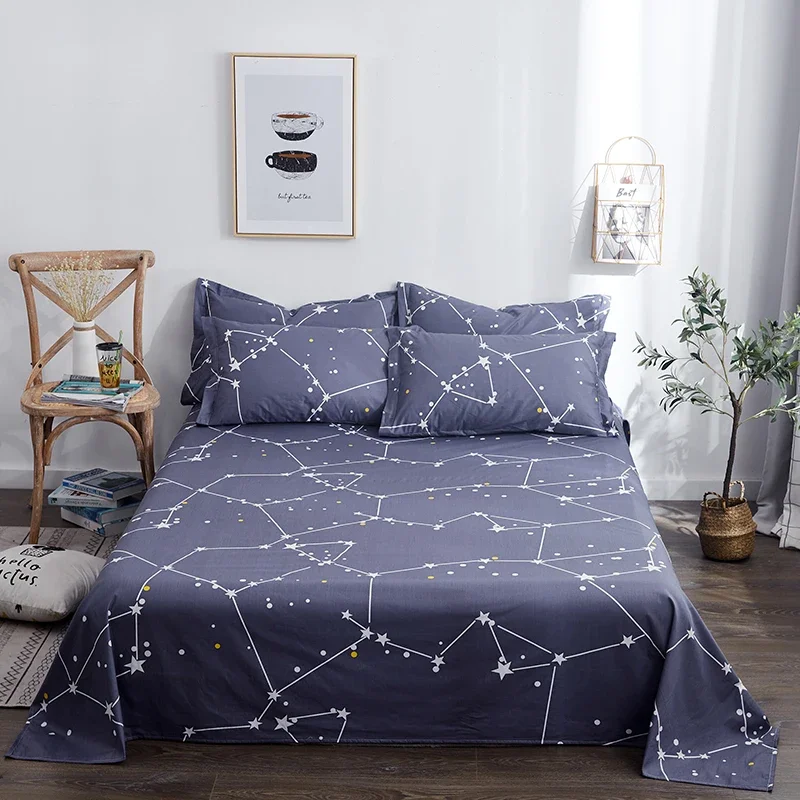 4 Pcs Galaxy Bed Sheet Set Cotton Constellation Flat Sheet,Celestial Space Starry Sky Star Astrology Fitted Sheet Navy Blue,Twin