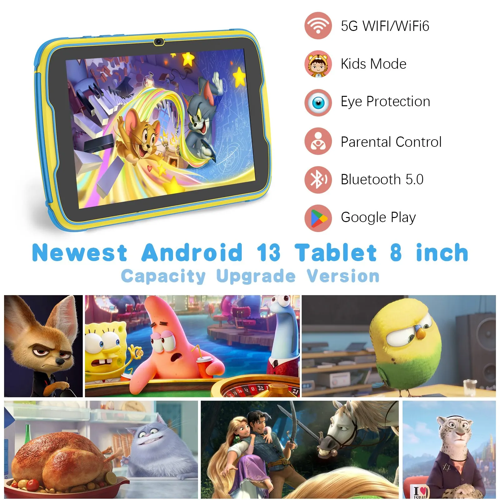 Tablet per bambini PRITOM da 8 pollici con sistema operativo Android 13, 8GB di RAM (espansione 4 + 4) e ROM da 64GB, 1280*800 IPS, batteria da 5000mAh, controllo dei genitori