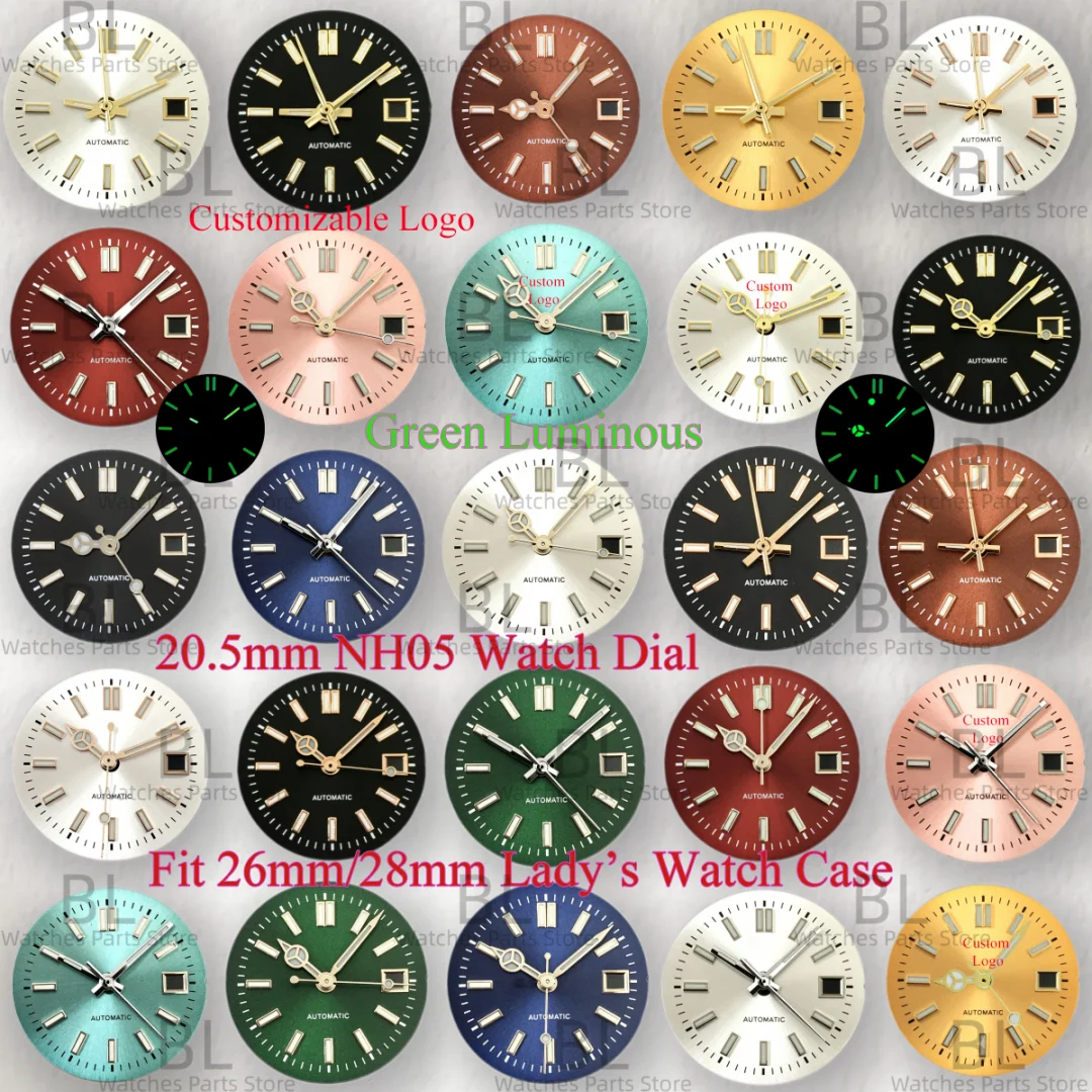 20.5mm NH05 Watch Dial Green Luminous Custom Logo Fit 26mm/28mm Lady's Automatic Watch Case Modification Parts