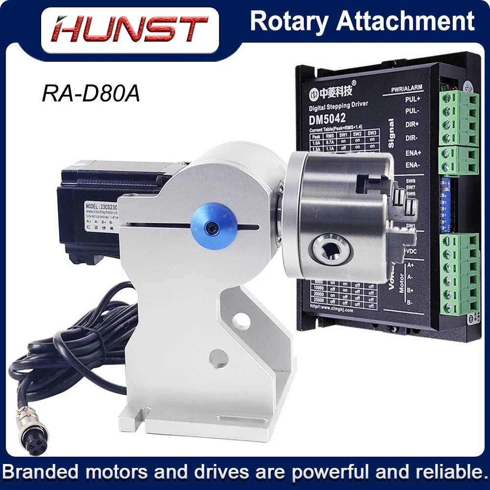 Hunst Rotary Attachment D80 Rotary Device with 3 Jaw Chuck, Can Choose DM5042 Driver for UV CO2 and Fiber Laser Marking Machine