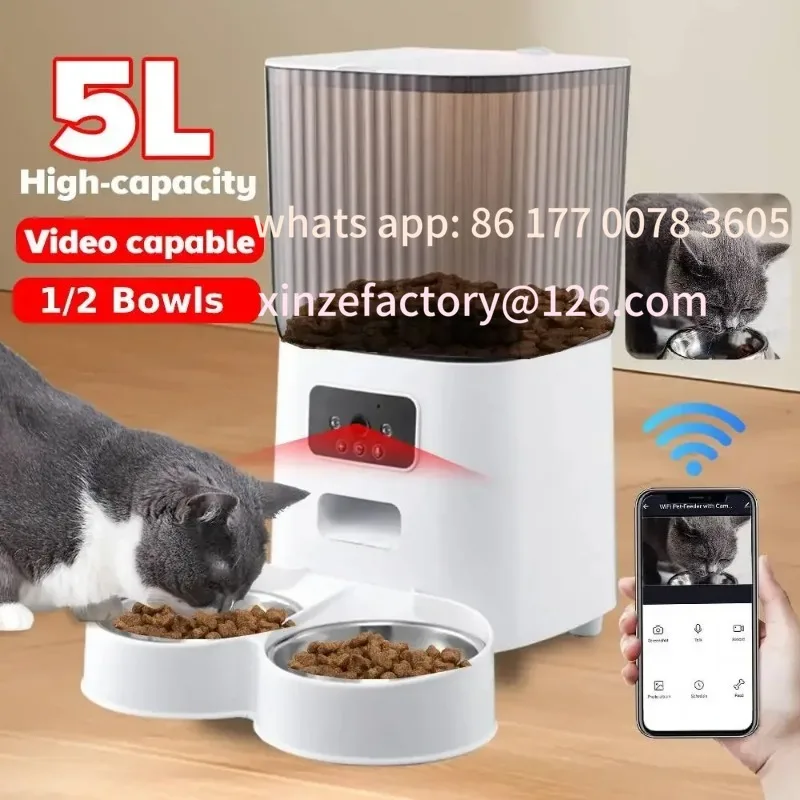 

Customizable 5L Automatic Feeder Cats WiFi with Camera HD Smart Interactive Pet Food Dispenser Timer Stainless Steel Bowl Auto