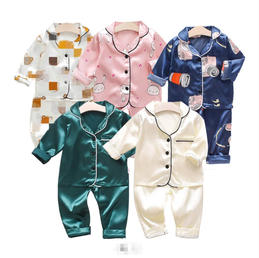 

CA41 Fashion Solid Print Long Sleeve Silk Satin Sleepwear Children's Boys Girls Cartoon Kids Pajamas