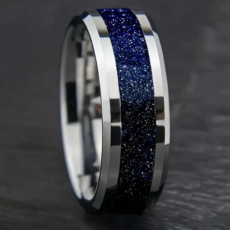 Tungsten Carbide Ring Wedding Engagement Steel Color Inlaid Lapis Lazuli Tungsten Steel Men\'s Ring