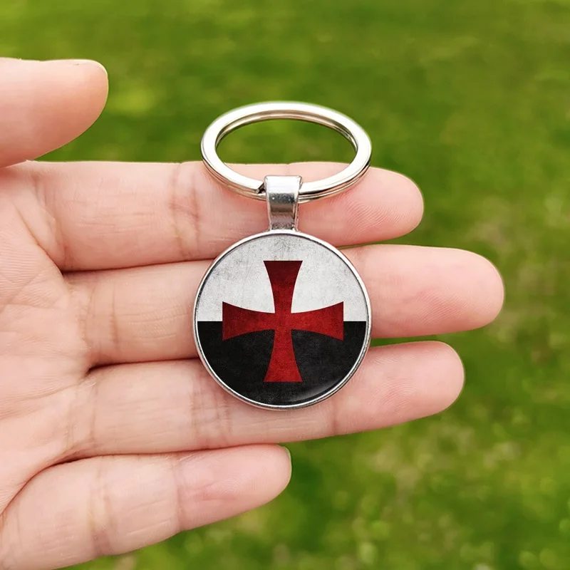 FIMAO Knights Templar Red Cross Keychain Army Crusade Solomon Freemason Symbol Glass Gem Metal Key Ring Holder Jewelry Gifts
