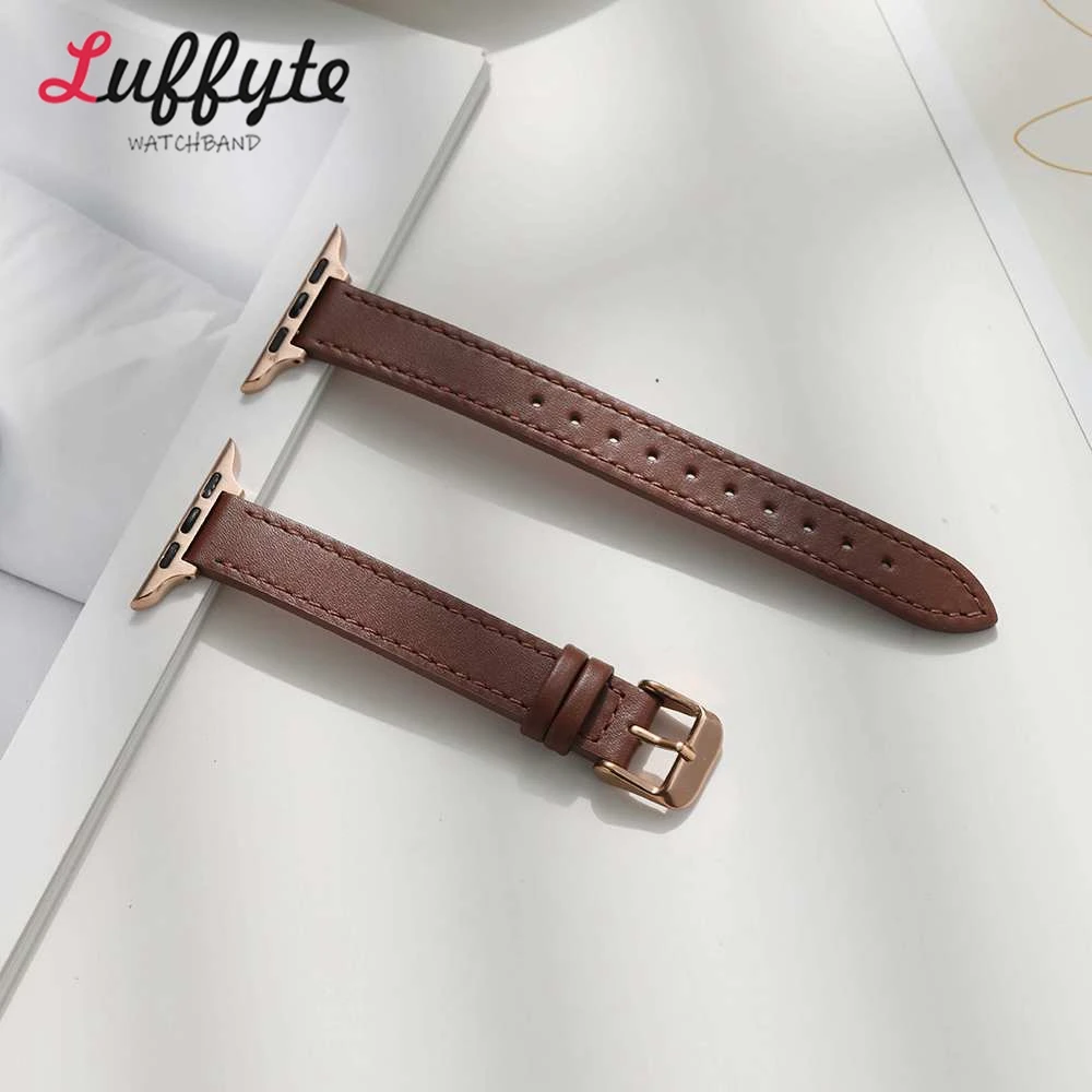 Schlankes Lederarmband für Apple Watch 1–10 Ultra SE 2, Damenarmband mit roségoldener Schnalle, 38 40 41 42 44 45 46 49 mm – Detail 9