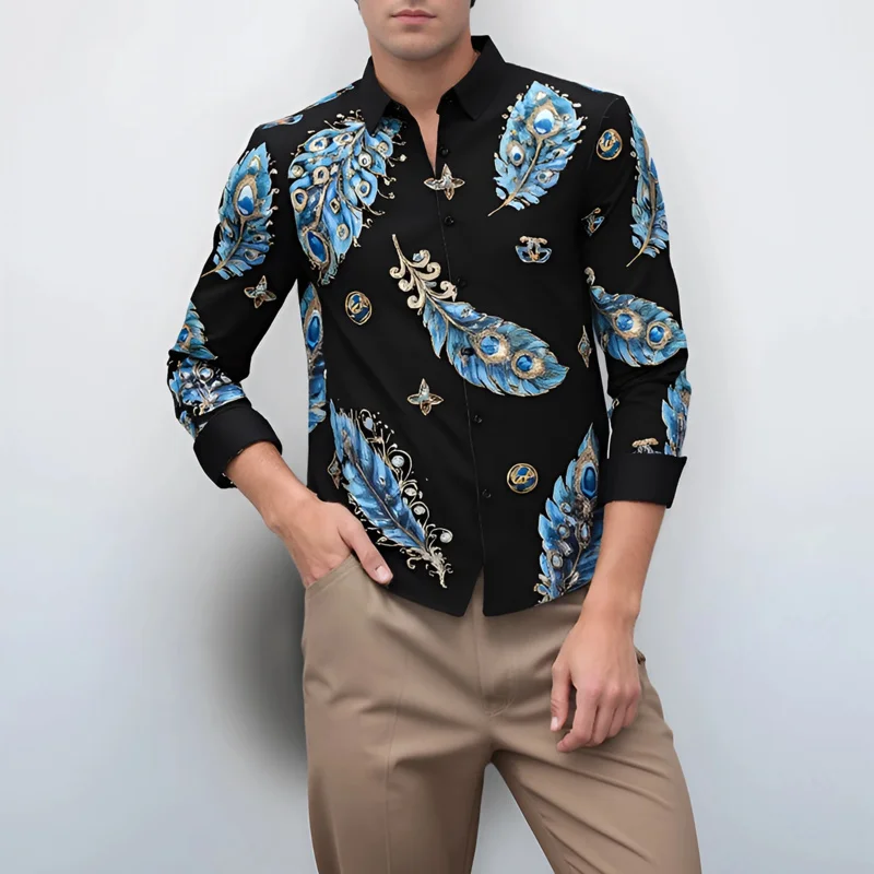

Luxury Men's Long Sleeve Shirt with Rhinestone Print, Premium Stretch Casual Non-Iron Wrinkle Free Elegant Dress Shirt