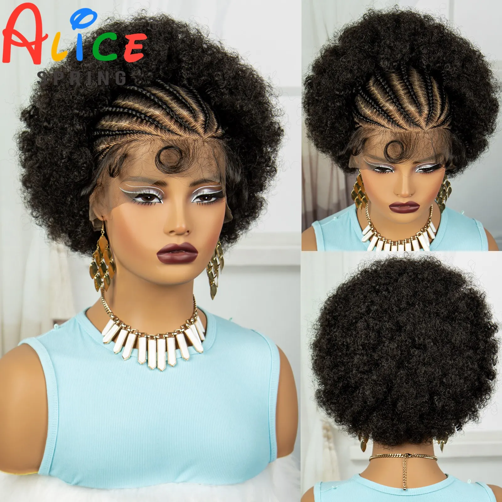 

6 Inch Synthetic Lace Frontal Afro Curly Braided Wigs With Baby Hair For Black Women 13x6 Transparent Short Curly Braids Wigs