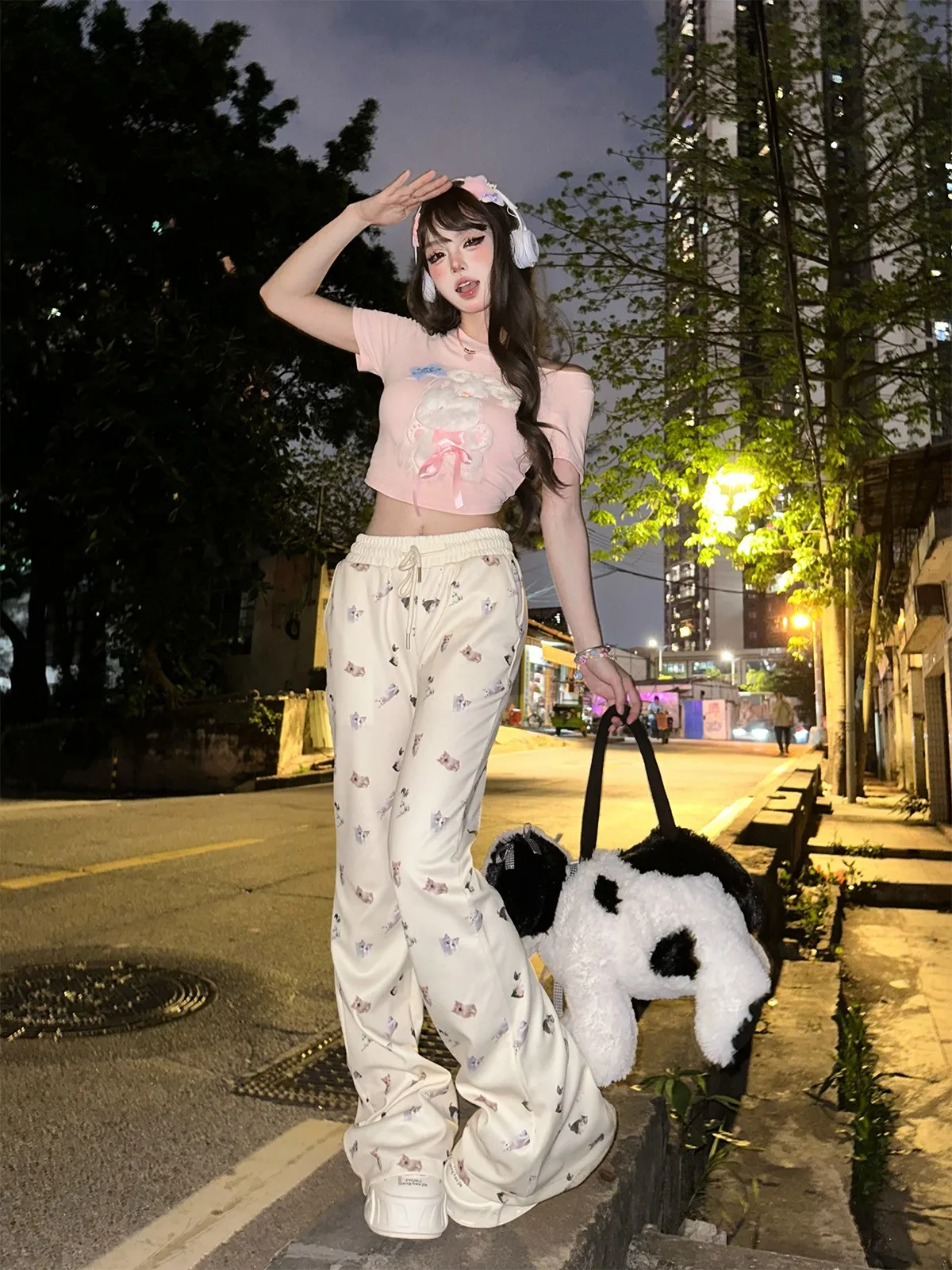 2024 Summer New Fashion Slim-Fit Casual Pants Girly Sweet Y2K Animal Print Kawaii Wide Leg Pants Women Elegant All-Match Pants