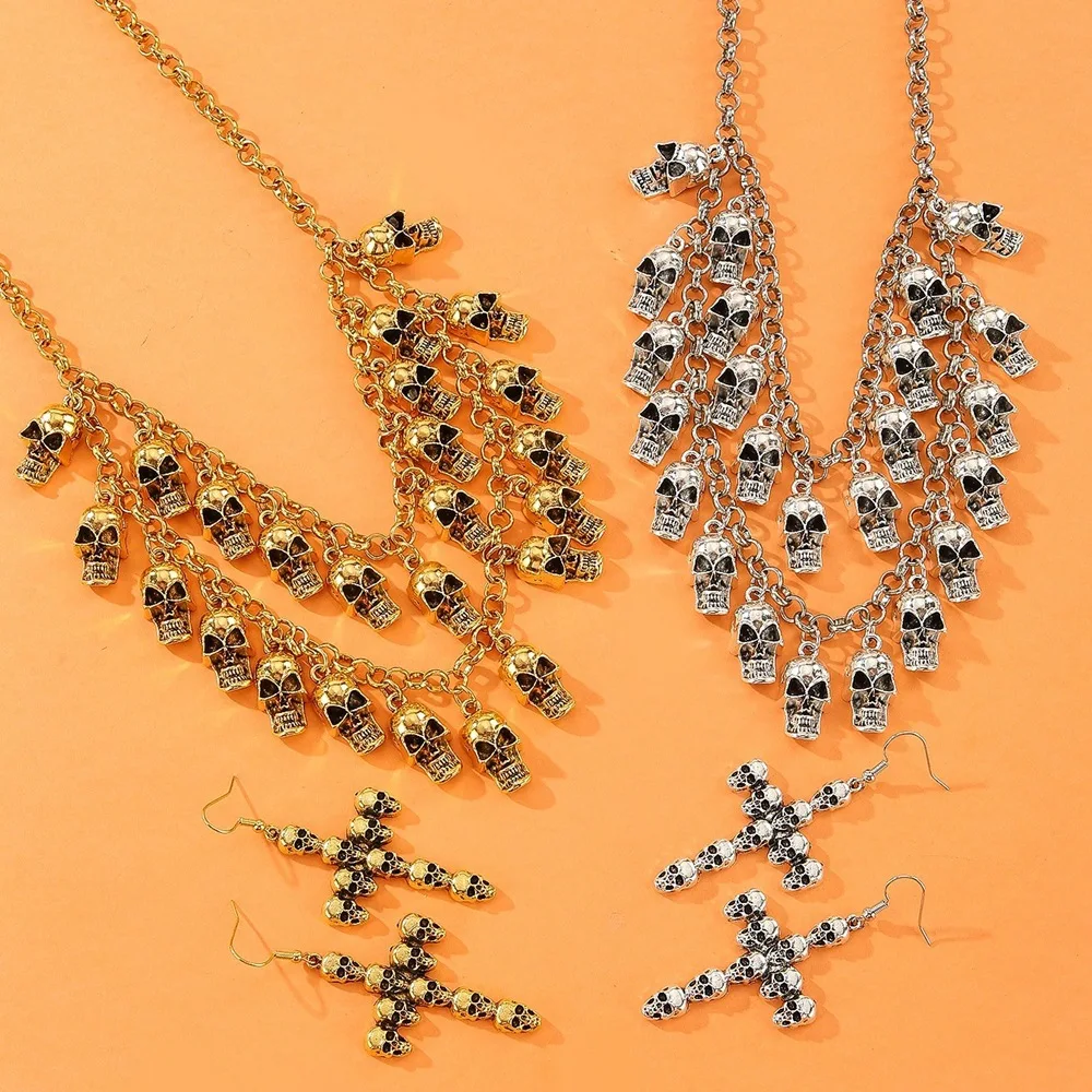 المبالغة الصليب الهيكل العظمي قلادة لفتاة هالوين تأثيري مجوهرات عظام الجمجمة سلسلة الترقوة المعلقات القلائد الإكسسوار