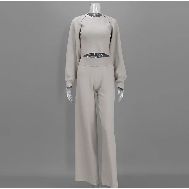 Damen Strick-3-Teiler-Set: O-Ausschnitt, ärmelloses Crop-Top, Langarm-Mantel, weit geschnittene Hose, Herbstmode, neue Strickwaren für Damen – Detail 10