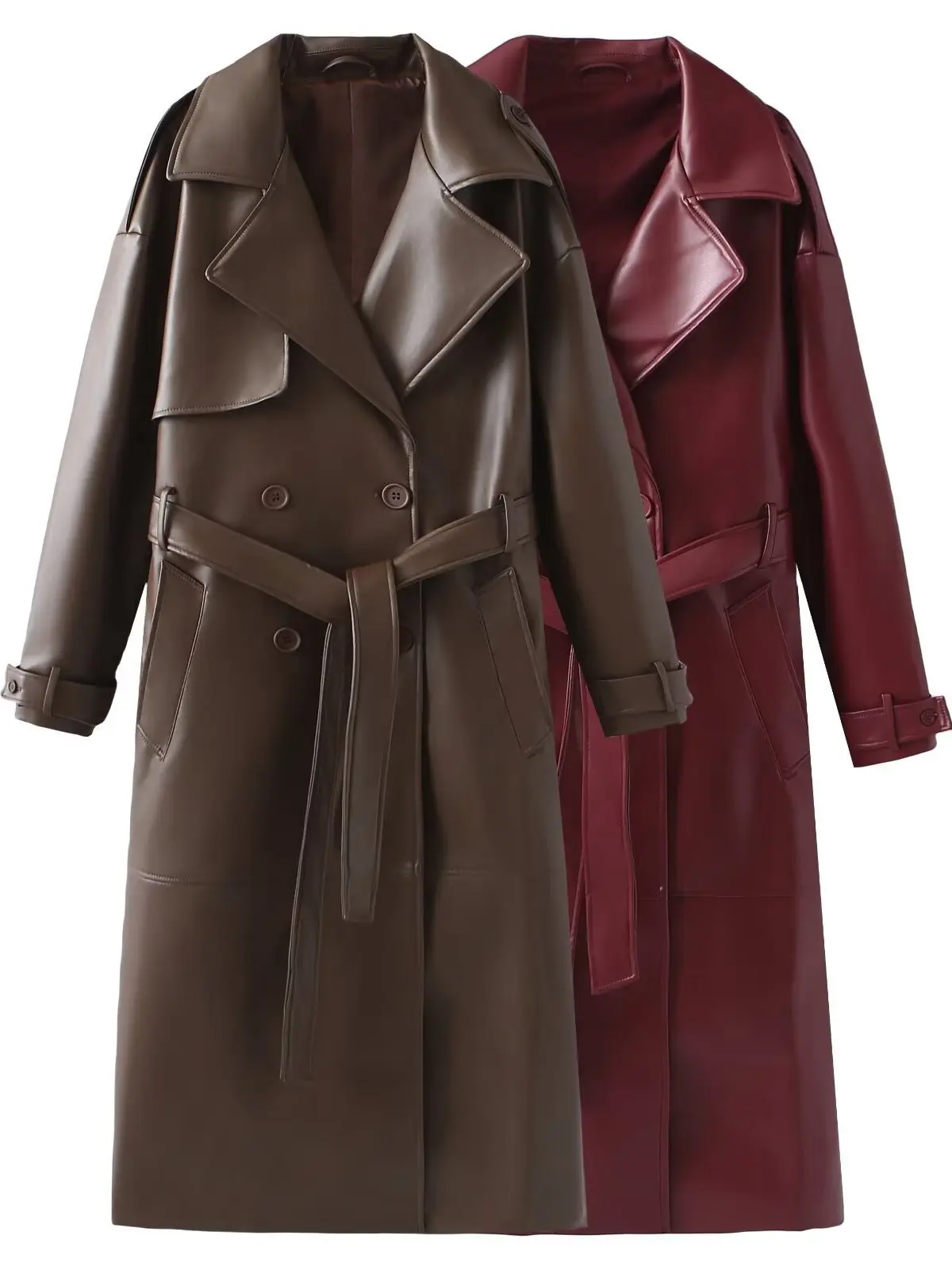 Faionable longo sve couro do plutônio blusão casaco feminino solto ajuste colarinho jaet com cinto outono inverno nova chegada