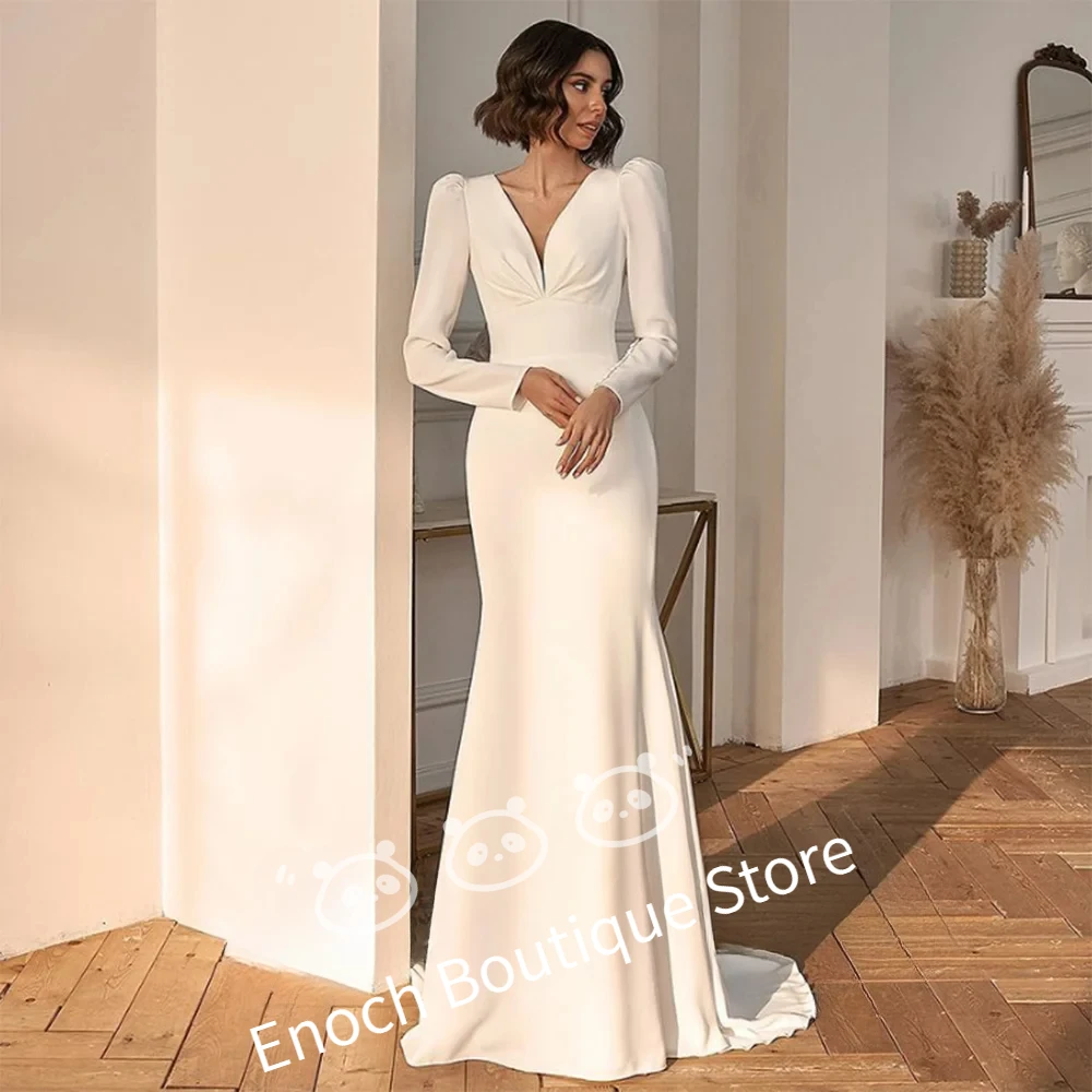 Sexy V-ausschnitt Hochzeit Kleid Langarm Mantel Taste Einfache Backless Braut Kleid Zug Falten Vestido De Novia Angepasst