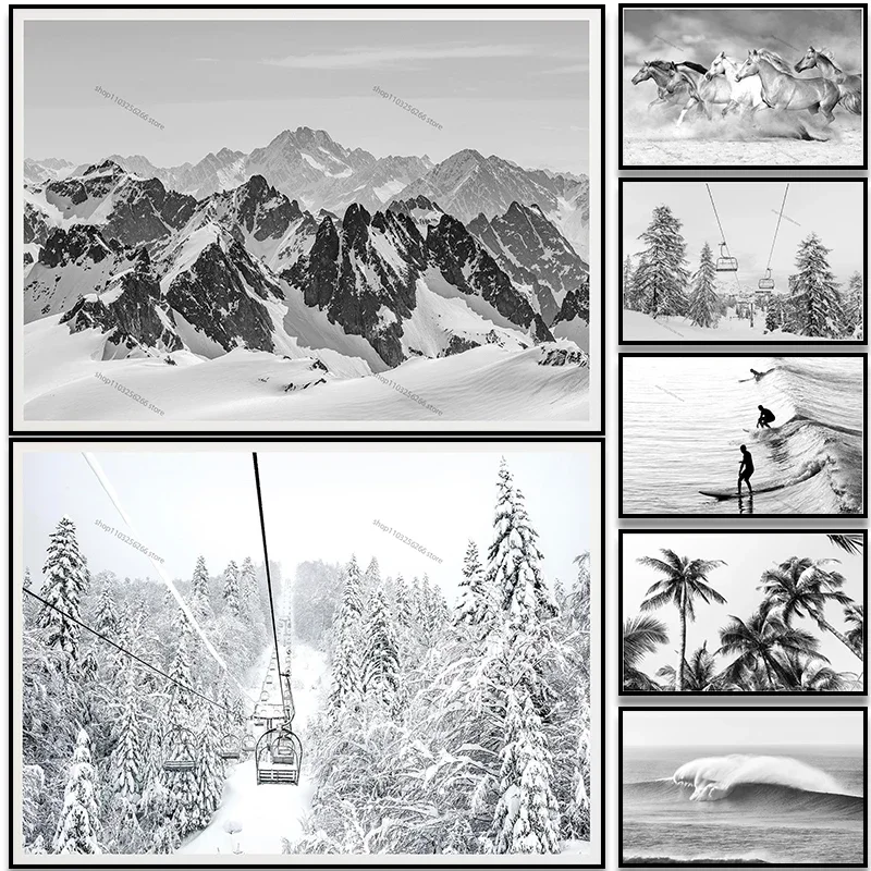 Black and White Winter Snow Mountain Ski Lift|Alps Ski Labdscape Poster Canvas Painting Wall Art Gift for Living Home Decoration