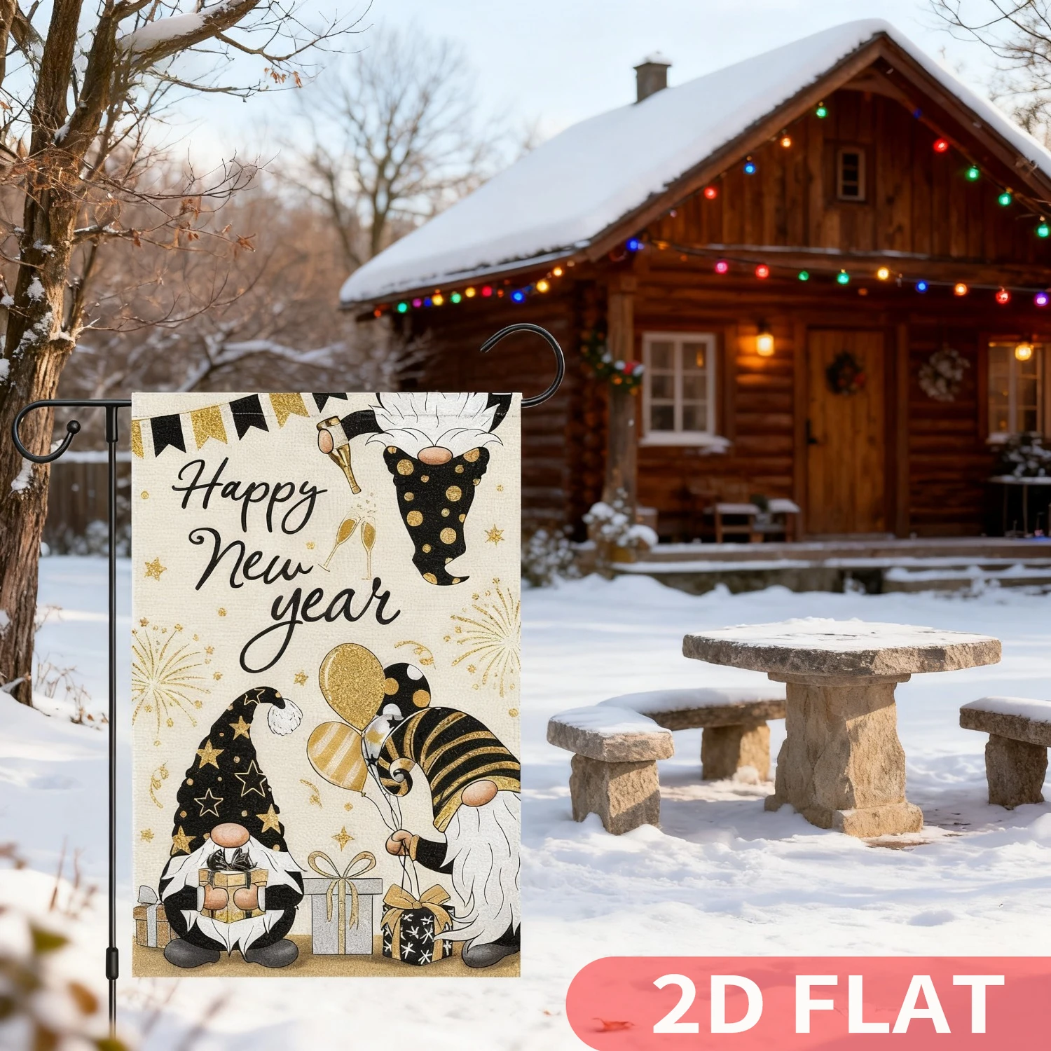 

1pc Happy New Year Gnomes Party banner Garden Flag Double Sided for Winter Holiday Party Yard Outdoor Decor, (ONLY FLAG)