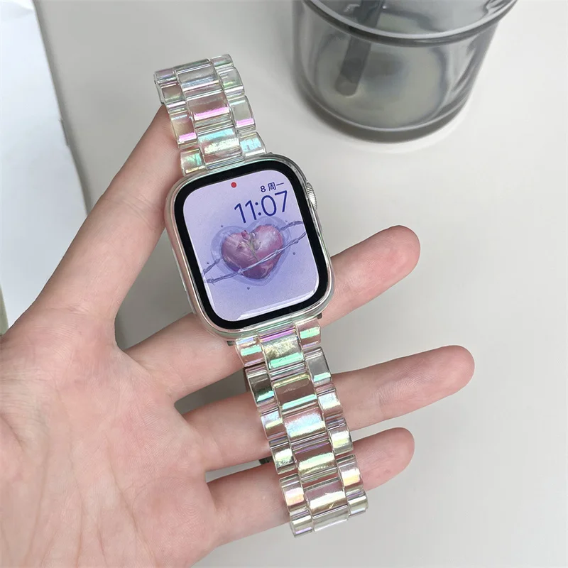 Rainbow Laser Transparent Band For Apple Watch 8 7 41mm 45mm 38 40mm 42 44 49mm Glacier Strap Women Bracelet For iWatch 7 6 54 3