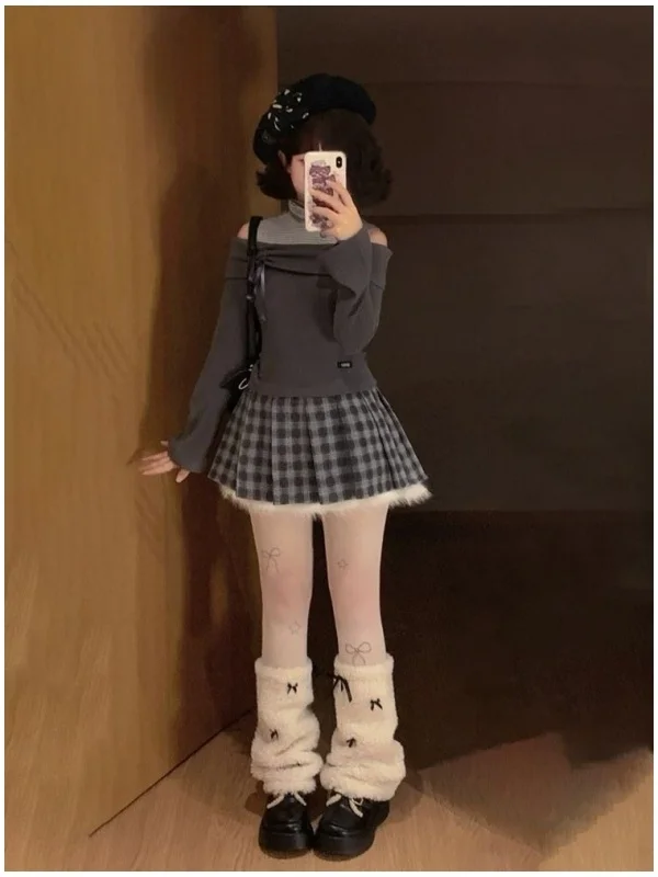 Sweet Korean Style Two-Piece Set Shoulder Bared Top And  Skirt for Women Winter Fashion Outfit Small Size Friendly