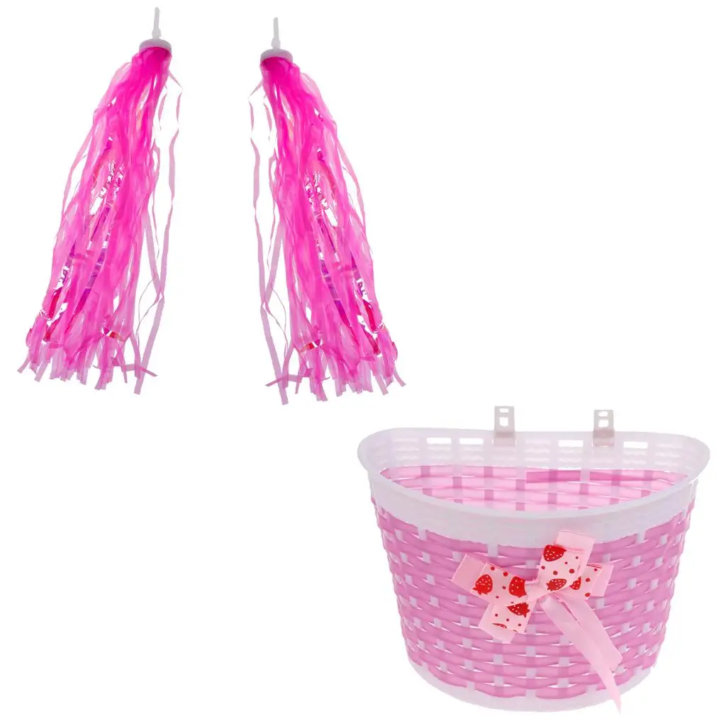 Easy Mount Bicycle Front Basket with Pink Streamers Handlebar Grips for Children Kids Scooter Decor