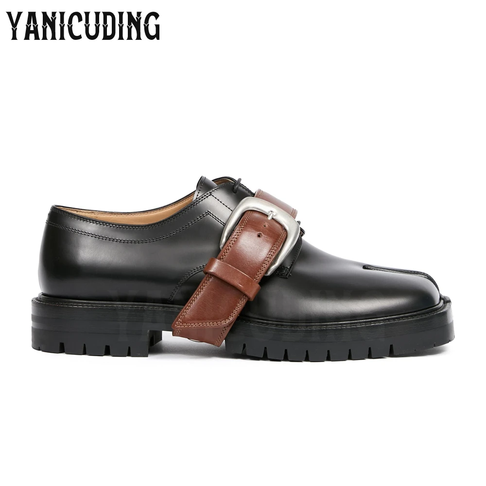 Decorative Buckle Detail Leather Loafers Punk Style Brown Belt Buckles Square Tabi Toe Leather Shoes Lace up Style Women Loafers