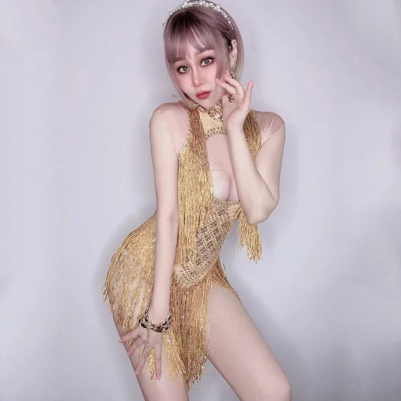 Gogo Dance Costume Rhinestones Full Fringed Bodysuit Sexy Stretch Pole Dance Outfit Birthday Celebrate Stage outfit