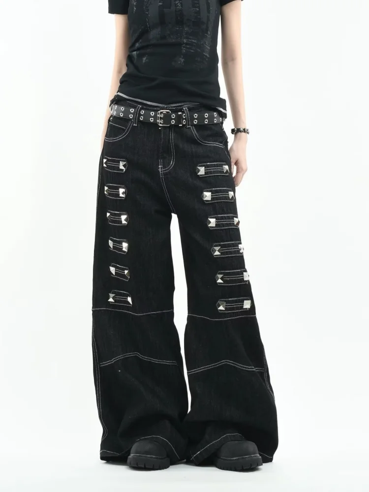 2026 Gothic Y2K American Style Patchwork Rivet Design Black Loose Streetwear Women's Jeans Trousers Women Straight Trousers