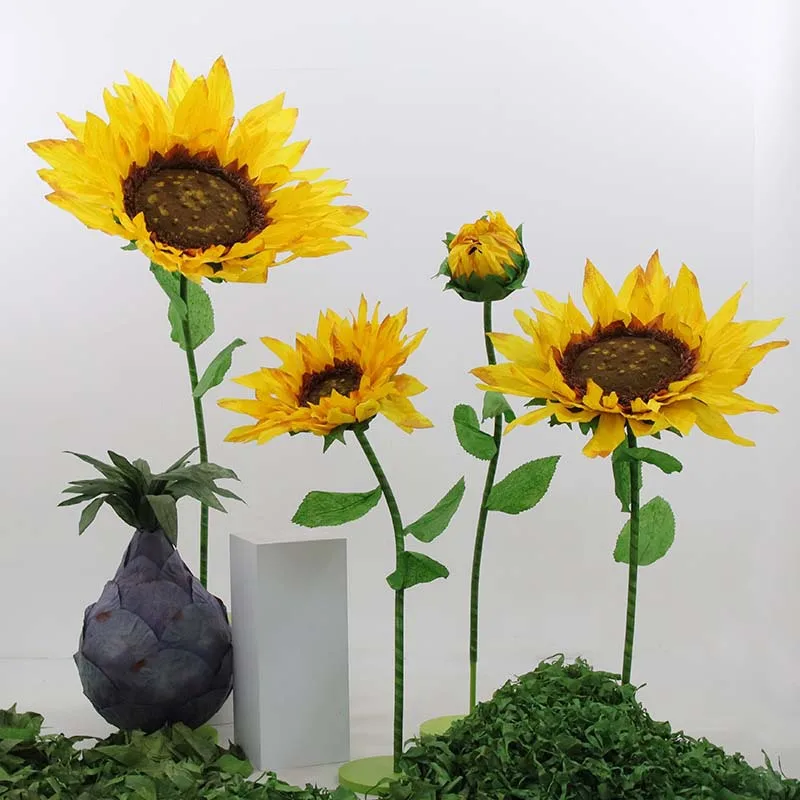 3 Stück Hochzeitsbühnendekorationen, handgefertigte künstliche Sonnenblumen aus Papierseide, große Kunststoff-Sonnenblumen mit Riesenkopf – Detail 2