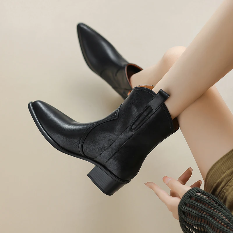 Vintage Women Genuine Leather Ankle Boots Thick Heels Pointed Toe Shoes Woman Retro Chelsea Short Boots Office Lady 2023 New