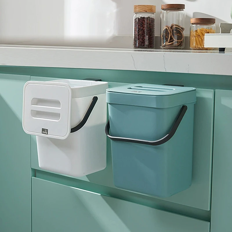 5L Kitchen Trash Can Wall Mounted Hanging Trash Bin With Lid Garbage Can For Cabinet Under Sink Waste Garbage Compost Bin Trash